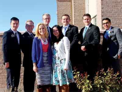 LDS missionaries currently serving in the Moapa Valley include l to r Elders Preciado and Matheson, Sister Strange, Elder Aldrich, Sister Roberts and Elders Clapp, Sutton and Tackett. PHOTO BY MAGGIE MCMURRAY/Moapa Valley Progress.