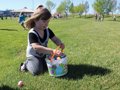 Four-year-old Saige Zamito of Moapa stuff the last remaining eggs into her basket at the end of the Moapa Egg Hunt last week. PHOTO BY MAGGIE MCMURRAY/Moapa Valley Progress.