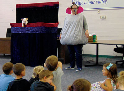 Piggie the pig, played by puppeteer Judy Fioti; and Gerald the Elephant, played by Erin Collins; entertained local children during a special library program held at the Overton Community Center. PHOTO BY STEPHANIE BUNKER/Moapa Valley Progress.