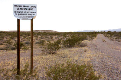 A sign near the I-15 Ute exit informs visitors that they must obtain written permission to pass over Moapa Paiute reservation lands. PHOTO BY VERNON ROBISON/Moapa Valley Progress.
