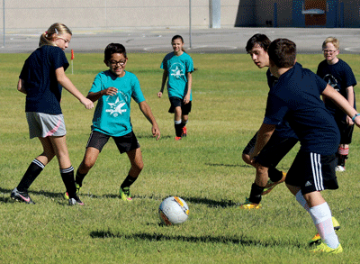 Kids have a good time on the opening day of Parks and Rec Youth Soccer held on Saturday morning. PHOTO BY MAGGIE MCMURRAY/Moapa Valley Progress.