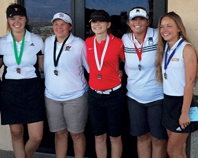 The top six female golfers in the southern 3A at the end of the southern regional championships on Thursday include l to r #5 Scout Pope (SECTA), #4 Krista Toomer (Pahrump), #3 Carolyn Lemon (Western), #2 Josie Delgadillo (MVHS) and #1 Lani Potter (Boulder City). 