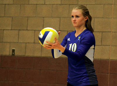 MVHS junior Aria Messer prepares for a serve in a match against Virgin Valley last week. PHOTO BY ADDIE ROBISON/Moapa Valley Progress.