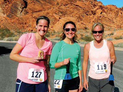 Valley of Fire Women’s Half Marathon winners (l to r) 1st place Jenny Rhoads-Larkin of Las Vegas; 2nd place Katie Morrison of Big Sky, Montana; and 3rd place Melissa Marsted of Park City, Utah. PHOTO BY CATHERINE ELLERTON/Moapa Valley Progress.