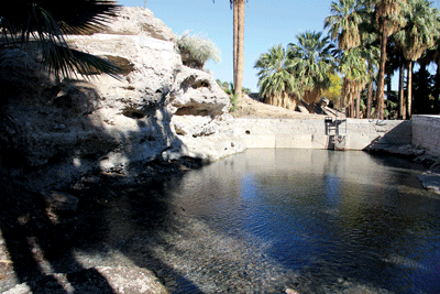 The spring pool at the LDS Warm Springs ranch after being emptied, cleaned out and restored by contracted work crews in recent weeks. Current plans would have the facility ready to open by next summer. PHOTO BY VERNON ROBISON/Moapa Valley Progress.