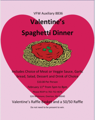 VFW Auxiliary 8336 Valentine Dinner @ VFW Post Home